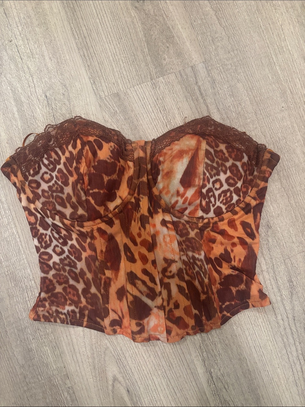 Windsor Leopard Print Lace-Trim Bustier in Brown and Orange
